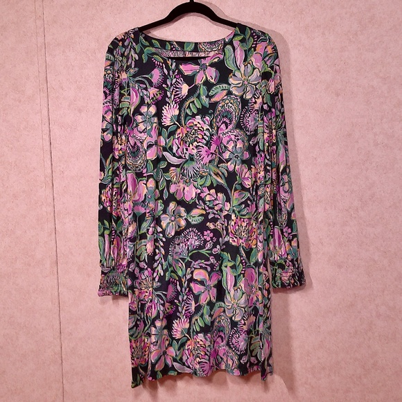 NWOT Lilly Pulitzer Botanical NavyBlue Floral Midi Dress, Wide elastic Cuff SzXL - Picture 1 of 10